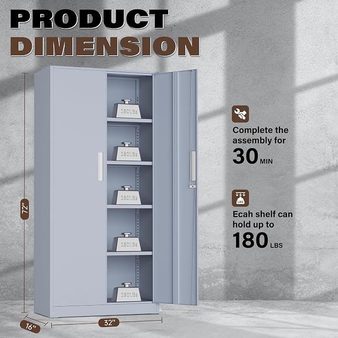 Incbruce 72” Metal Storage Cabinet, Locking Steel Storage Cabinet with 2 Doors and 4 Adjustable Shelves, Tall Lockable Tool for Garage, Home, Office (Cement Grey)