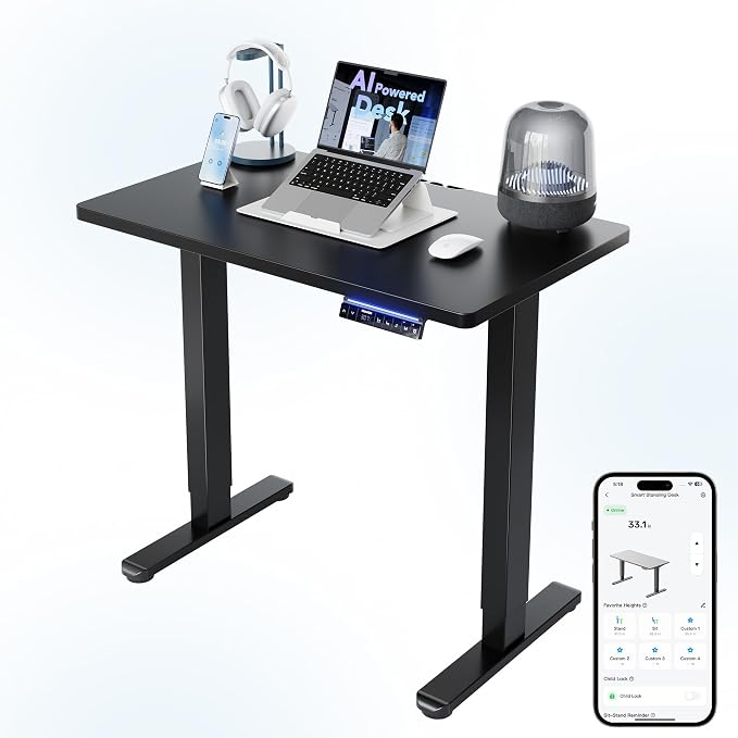 HUANUO One-Piece AI-Powered Electric Standing Desk, Smart APP, Work with Alexa & Google, Adjustable Height, 3 Memory Settings, Sedentary Reminder, Ergonomic Sit-Stand Desk, 32-inch, Black