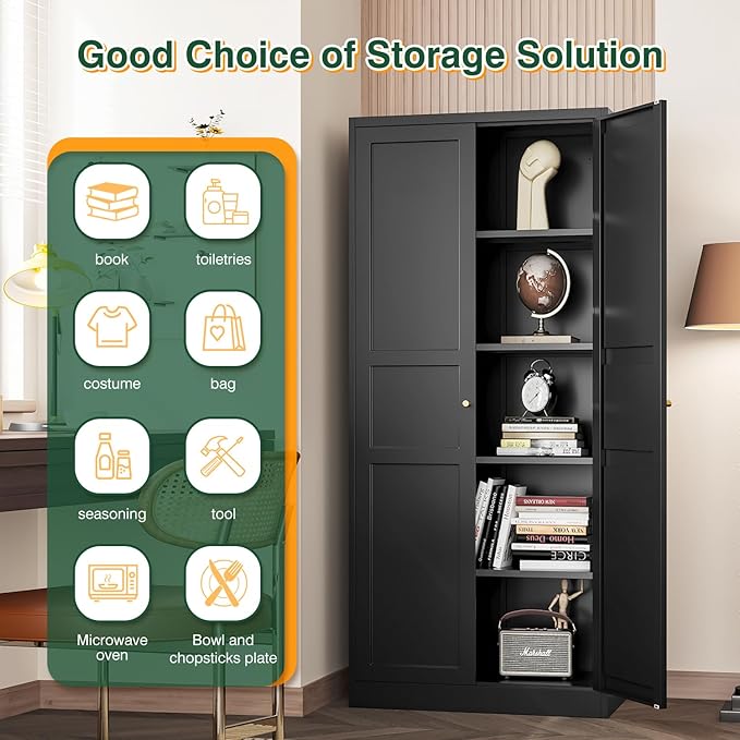 Letaya Black Storage Cabinet with Adjustable Shelves-Metal Home Kitchen Pantry Cabinets with Doors,Organization Locker for Cupboard/Bedroom/Dining/Living/Bathroom/Office/Garage Room
