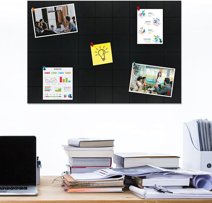 Large Square Felt Cork Board Tiles, Self Adhesive DIY Felt Bulletin Board Pin Board with 35 Pushpins for Office School Home Wall Decor Stickers Memos Photos Display (Black)