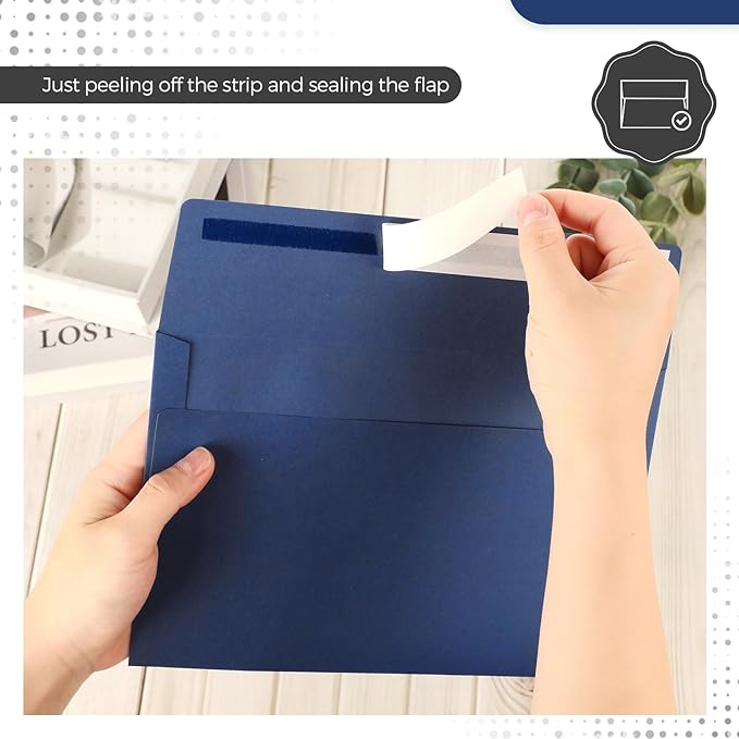 Harloon 100 Pcs A9 Invitation Envelopes 5.75 x 8.75 Inch Self Adhesive Wedding Invitation Envelopes Paper Greeting Card Envelope for Photos Letters Baby Shower Office 110 Gsm Paper(Navy Blue)