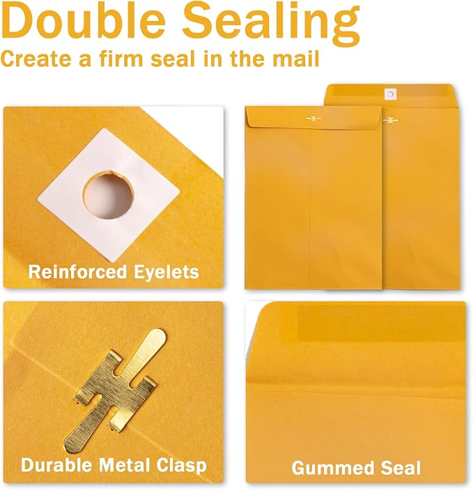 Goefun Manilla Clasp Envelopes 10x13, 100 Pack | 100GSM Heavy Kraft Paper, Clasp and Gummed Seal, For Mailing, Brown Yellow