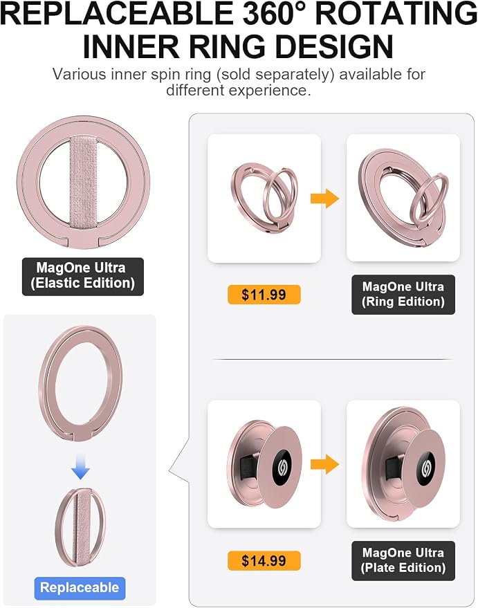 EWA MagOne Ultra for Magsafe Phone Grip Kickstand [Replaceable Elastic Finger Loop], Mag Safe Ring Holder Stand, Two-Sided Magnetic Phone Accessories for iPhone 17,16,15,14,13,12 Pro/Max/Plus-RoseGold