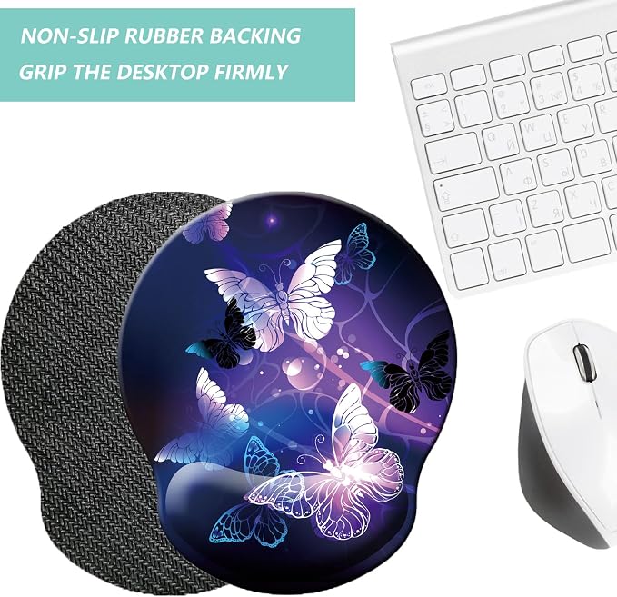 Mouse Pad with Wrist Support, Ergonomic Mouse Pad with Memory Foam Wrist Rest Cushion, Non-Slip Rubber Base Gaming Mice Pad for Home Office Computer Laptop, Butterfly