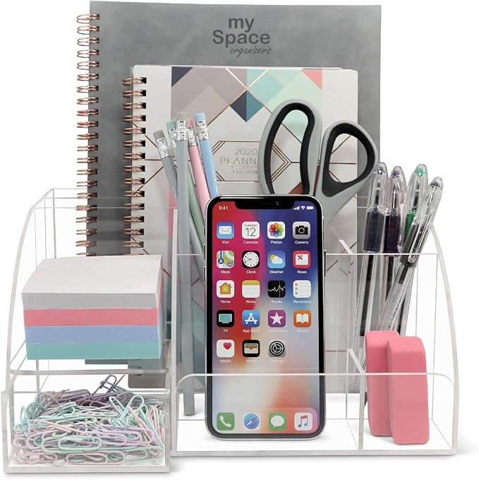 Clear Acrylic Desk Oganizer, 9 Compartments, Office Supplies and Desk Accessories Organizer, Home Decor Desktop Organizer (Clear)