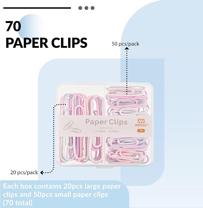 NEEWAY Colorful Paper Clips Assorted Sizes, Small and Large Paper Clips, 70 Count (Light Multicolor)