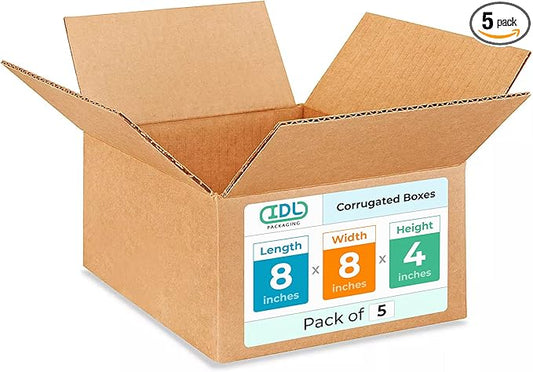 Small Moving & Shipping Boxes 8 x 8 x 4 inches (5-Pack) - Extra Strength 200 lb vs Regular - USA-Made Corrugated Moving Boxes for USPS/UPS/FEDEX - Cardboard Packing Box for Moving by IDL Packaging