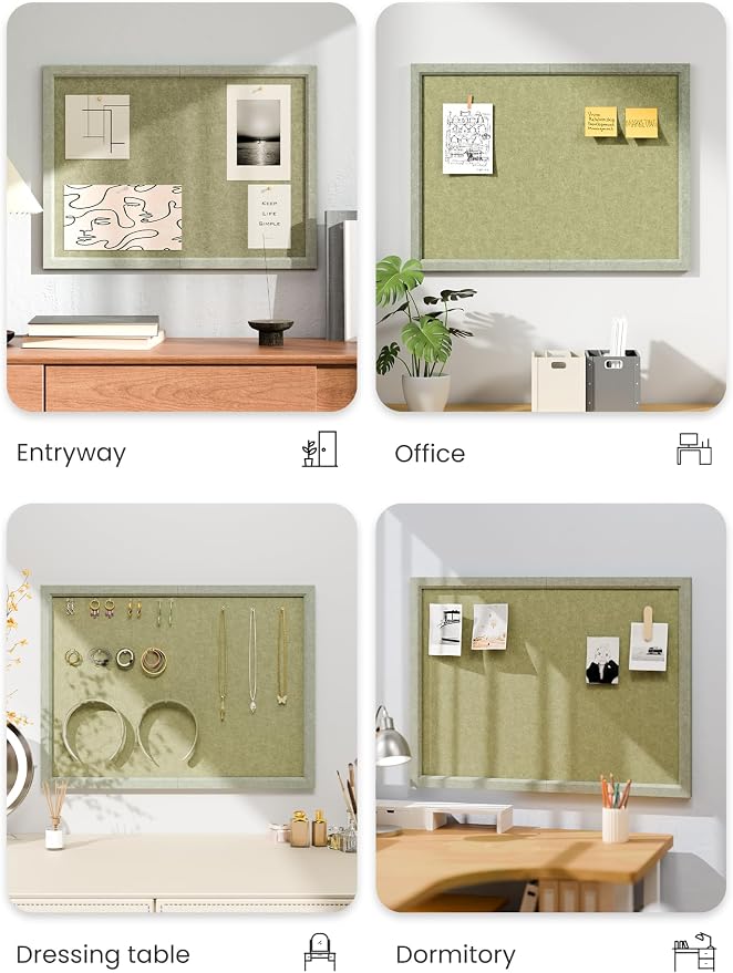 Fluxynara 23.6" x 17.1" Felt Frame Bulletin Board, Olive Green | Cork Board Alternative with 12 Removable Adhesive Tabs, Foldable Pin Board for Wall, Home, Office, Classroom & Dorm