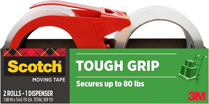 Scotch Tough Grip Moving Packing Tape, Clear, Moving Tape That Secures Boxes up to 80 Pounds, 1.88 in. x 54.6 yd., 2 Rolls with 1 Dispenser