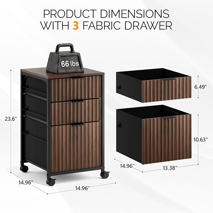 VINGLI 3 Drawer Fluted File Cabinet, Rolling File Cabinet Mobile Under Desk File Cabinet with Wheels, Fabric Drawers Printer Stand for Home Office, Fits Letter Size, Walnut