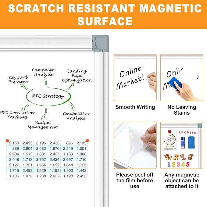 Magnetic Whiteboard 24" x 18" Dry Erase White Board for Wall, Hanging Mounted Whiteboard with Aluminum Marker Tray