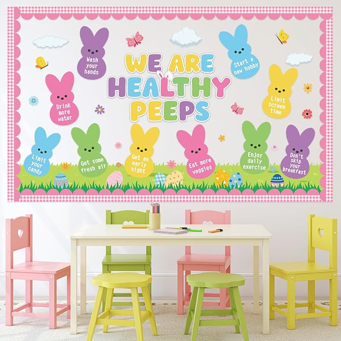 Easter Bunny Bulletin Board Set Easter Health Habits Bulletin Board Decoration Spring Bunny Cutouts Rabbit Good Habit Paper Cutout Spring Classroom Decoration for School Chalkboard Wall Decor Supplies