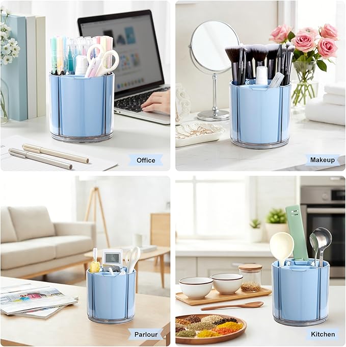 Comix Pen Holder for Desk, 360° Rotating Pencil Holder with 5 Slots, Cute Blue Plastic Desk Organizer for Home School Office Supplies