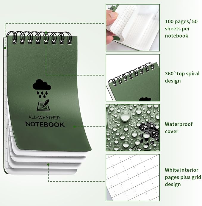 3 Pack Waterproof Notebook, 3 x 5 Pocket Notepad, All Weather Small Pocket Notebook Paper, Mini Spiral Notepad Police Notepad 100 Lined Pages for Outdoor Office
