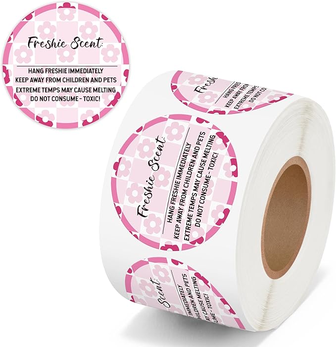 PANTIDE Freshiess Scent Care Instruction Stickers - 500 Count Car Freshie Warning Round Labels, Adhesive Roll Stickers with Line to Write Thermal Printed for Small Business (2 x 2 Inch, Pink Flower)