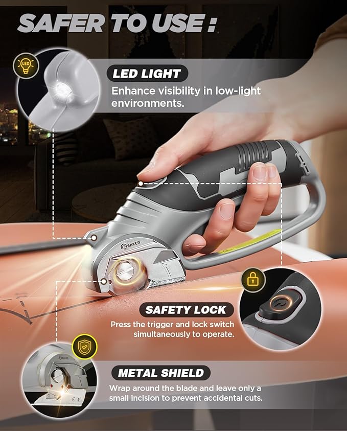 Saker Box Cutter Electric Cordless: Card board Cutter Scissors for Fabric Leather Paper Plastic - Cardboard Cutting Tool with 4V Recharged Battery - Safety Lock and LED Light for Cutting,Grey
