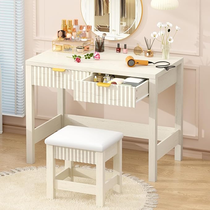 32 Inch Small Fluted Computer Desk with 2 Drawers & Stool for Bedroom | Vanity Desk with Stool, White Computer Desk with Storage, Compact Writing Study Table for Small Spaces