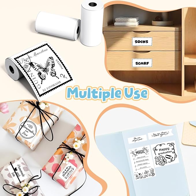 Phomemo Sticker Paper- for T02/T02Pro/Q02E/M02X/Y02C/Q02 Mini Printer, White Thermal Sticker for Study Notes, Photo, DIY, Stickers, Image Time 2 Years, Black on White Sticky Paper, 50mm x3.5m, 3 Rolls