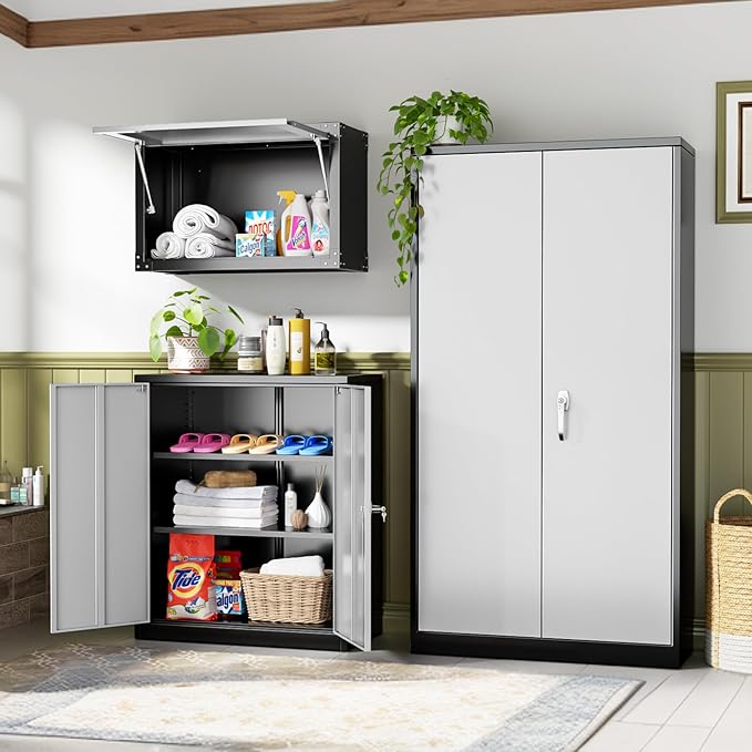 Metal Storage Cabinet, 36” Steel Locking Cabinet with Doors and Shelves, Black Grey Utility Cabinet Garage Cabinets for Home Office, Garage, Kitchen
