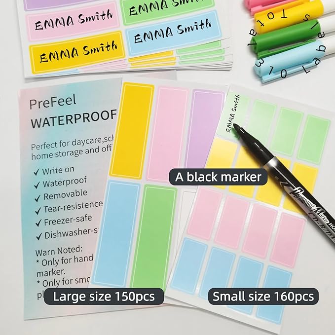 Assorted Colors Waterproof Removable Labels with Pen Adhesive Name Stickers | 310Pcs Nametags for Water Bottles,Baby Daycare,Kids School Supplies,Home Office Organization