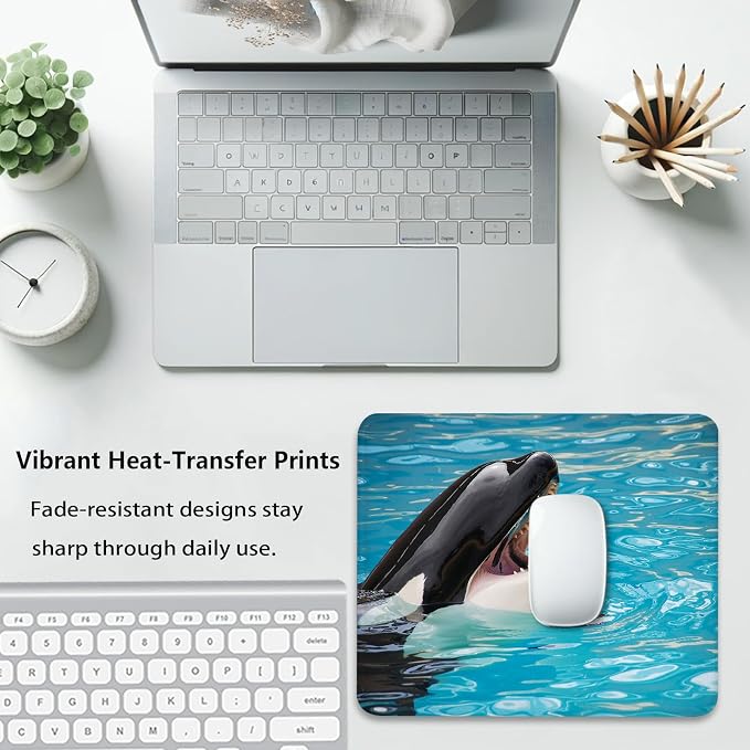 Orca Killer Whale Mouse Pad, Bright Blue Ocean Water Cute Desk Mat | Marine Wildlife Stitched Mousepad, Anti-Slip Base Smooth Surface, 9.5 x 7.9 Inches