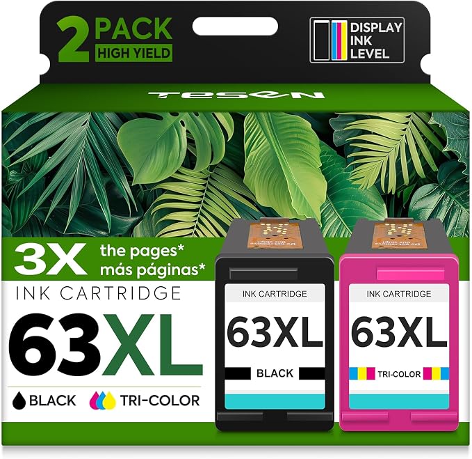 TESEN 63XL Ink Cartridge 2-Pack Black Tri-Color Replacement for HP Ink 63 | Compatible for HP Officejet 4650 5258 5200 3830 5255 4655 4652 5252 Deskjet 3630 3634 1112 Envy 4510 4520 Printer