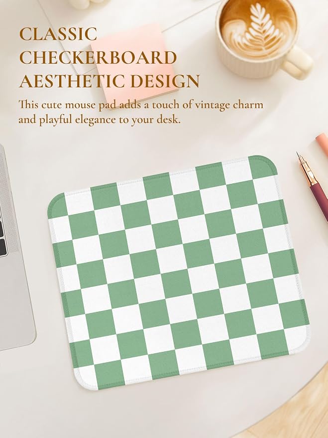 Square Cute Checkered Mouse Pad with Stitched Edge, Premium Waterproof Cloth Aesthetic Small Plaid Mouse Mat, Non-Slip Rubber Base Funny Mousepad Desk Accessories,Checkerd Green White