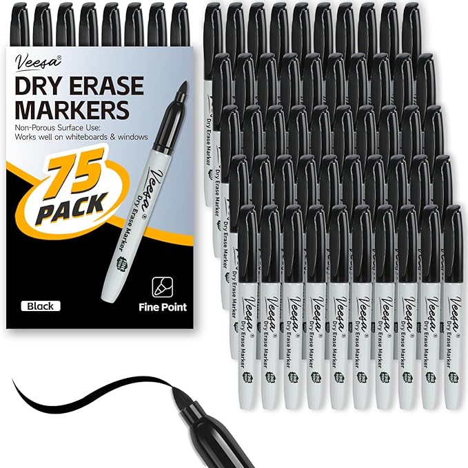 Dry Erase Markers Bulk, Fine Tip, 75 Pack Black Whit Board Dry Erase Markers, Low-odor, School Home & Office Suppllies