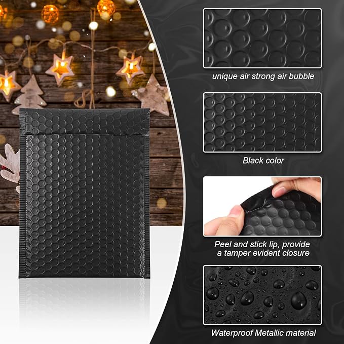 50 Pieces Bubble Mailers 3 Sizes Self Seal Adhesive Poly Mailers Metallic Foil Glitter Padded Shipping Bubble Envelopes for Valentine Mailing Packing Small Business (Black)