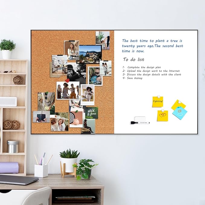 ARCOBIS Cork Board White Board Combo, Bulletin Board-Black Frame, Magnetic Dry Erase Board & Corkboard for Wall, Vision Board for Home, Office, School (Black, 48 x 30)