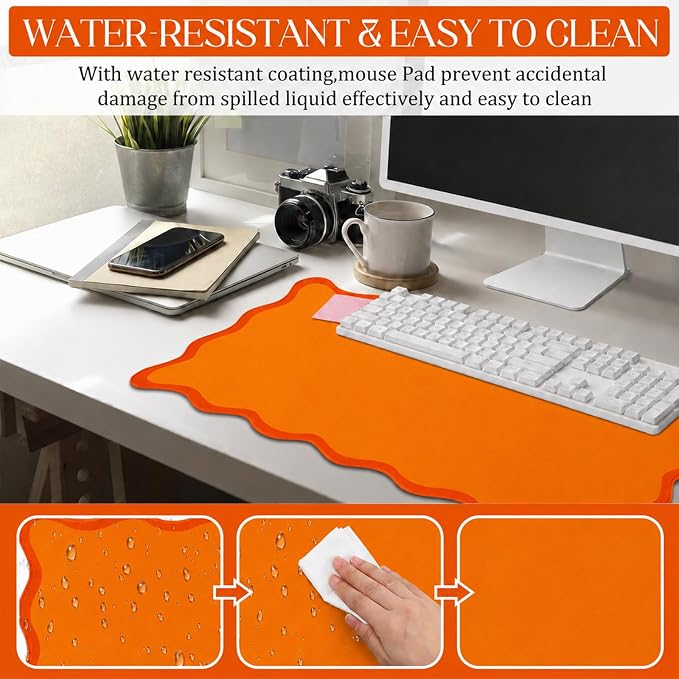 Hahafelt Scalloped Desk Mat Waterproof,Orange,31.5 X 15.8 Inches | Coquette Preppy Style for School Office Makeup Vanity, Nonslip Gaming Desktop Protector with Scalloped Stitched Edge Mat