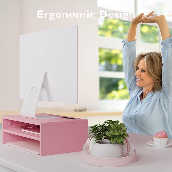 BONTEC Wooden Monitor Stand Riser for Desk, 2-Tier Computer Monitor Stand | 66 lbs Desk Shelf Organizer with Storage, Laptop & Printer Stand with Phone Holder and Cable Management, Pink, 16.5 Inch