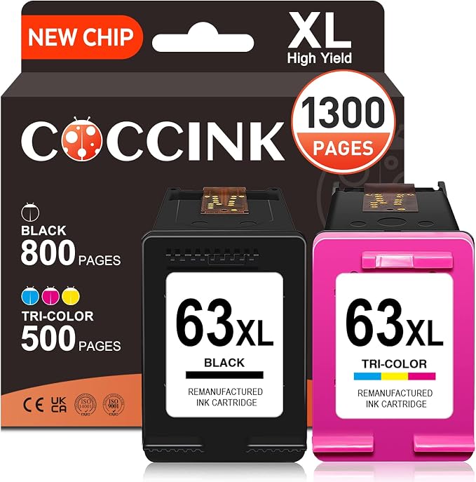 COCCINK 63XL for HP Ink 63 XL for HP Officejet 3830 3833 4652 4655 5212 | 5222 5255 5258 Deskjet 3630 3632 2130 Envy 4511 4512 4520 Remanufactured for Printer Ink HP 63XL Ink Cartridge Combo Pack