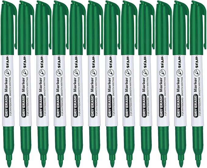 SFAIH Green Dry Erase Markers Fine Tip - 12 Pack Whiteboard Markers Standard Set For Sustainability, Sports Coaching, Financial Charts & Boards | Low-Odor