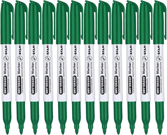 SFAIH Green Dry Erase Markers Fine Tip - 12 Pack Whiteboard Markers Standard Set For Sustainability, Sports Coaching, Financial Charts & Boards | Low-Odor