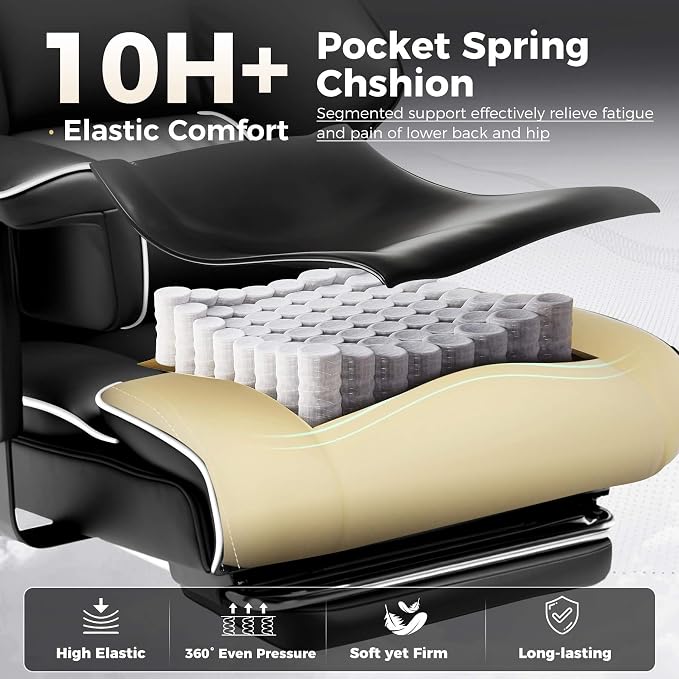 GTPLAYER Big and Tall Gaming Chair 400lbs Heavy Duty Office Chair with Foot Rest & Ergonomic Pocket Spring Cushion, High Back Lumbar Support for Lower Back Pain Relief, White/Black