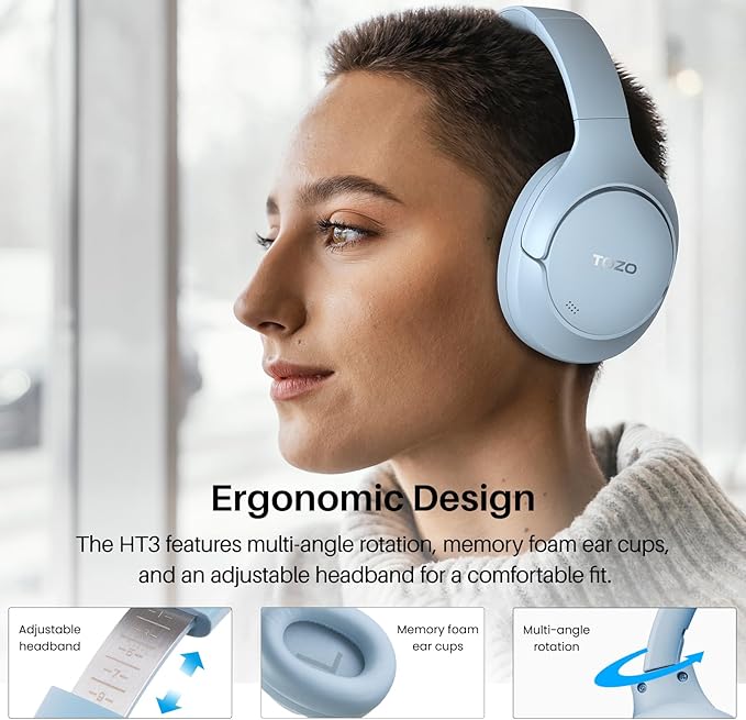 TOZO HT3 Hybrid Noise Cancelling Headphones, 90H Battery Life Wireless Over Ear Bluetooth 6.0 Foldable Headset, AI Voice Assistant with 5 Mics, Connect 2 Devices and Hi-Res Sound, 32 EQ Audio Presets