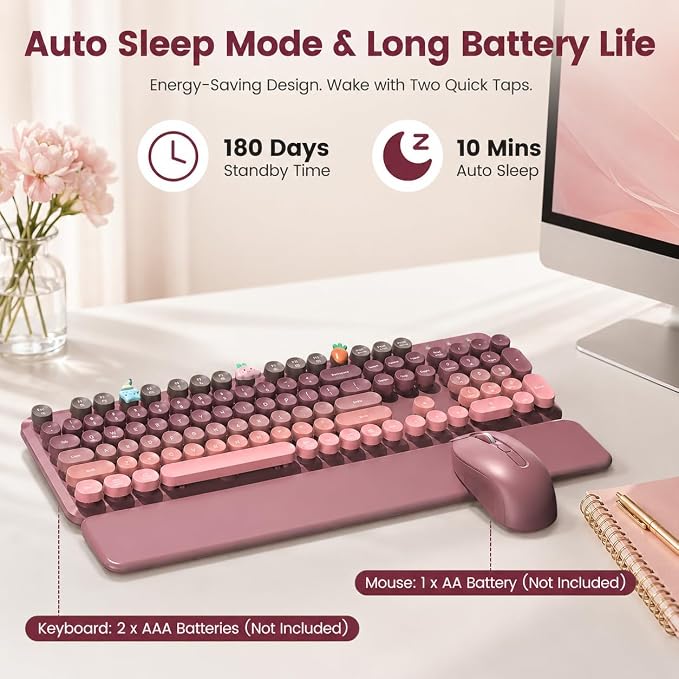 Wireless Keyboard and Mouse Combo, Round Keycaps, Full-Size Retro Typewriter Keyboard with Magnetic Wrist Rest, Tilt Legs, 2.4GHz Cordless for Mac, Windows PC, Laptop, SABLUTE CK23, Dusty Rose Ombre
