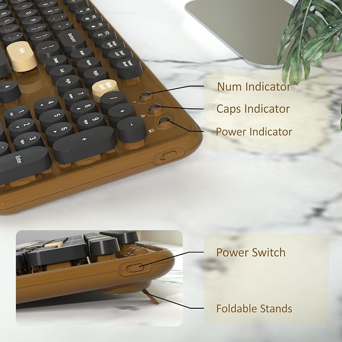 Retro Wireless Keyboard and Mouse Combo with Wrist Rest (Coffee) | COVEVA Aesthetic Typewriter Style, Full-Size Clicky Tactile Floating Round Keys, 2.4GHz Ergonomic Set for Mac, Windows