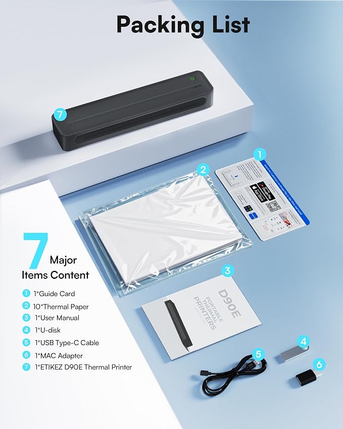 D90E Inkless Portable Thermal Printer for Travel, Black 1pack | Wireless Bluetooth Small Compact Mobile Printer for Travel/Office/School/Home, Compatible with iPhone, Tablet & Laptop