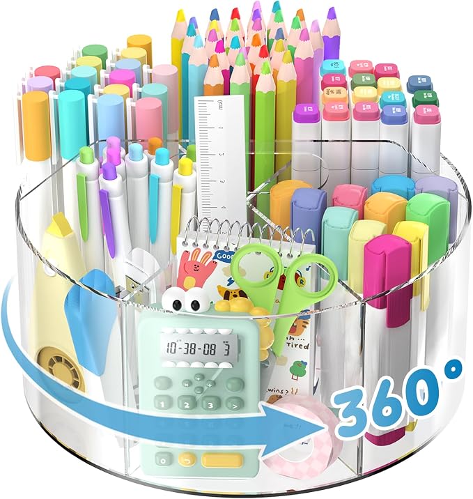 Acrylic Rotating Pencil Holder, 360° Clear Pen & Marker Organizer | Crayon Art Supply Organizer with 6 Compartments and Carry Handle for Desk, Home, Office, Classroom