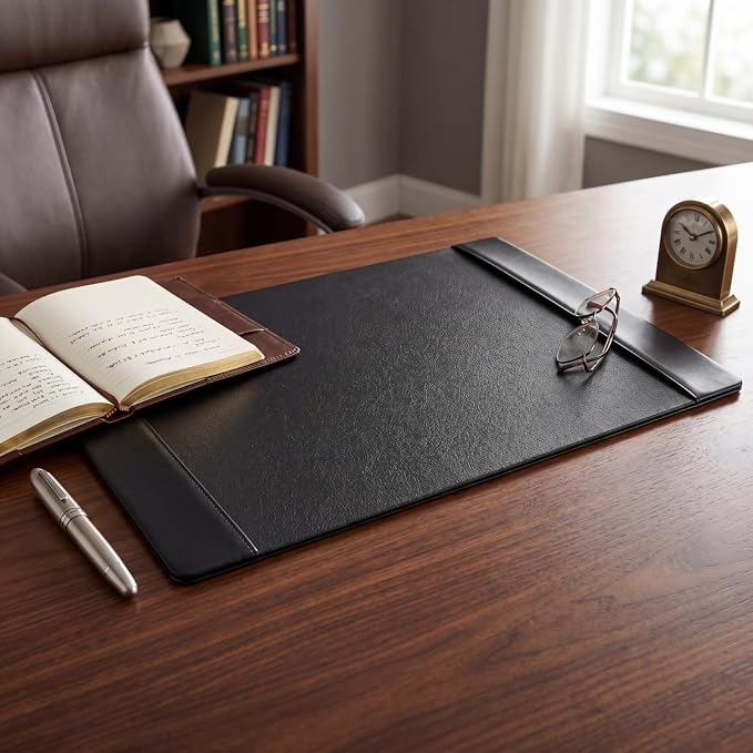 26.5 x 17.3 Inch Leather Desk Pad with Side Rails Mat, Black | Executive Office Desk Mat, Smooth Writing Surface, Desktop Protector Covers Mouse Keyboard, Elegant Gift, Men Dad Husband