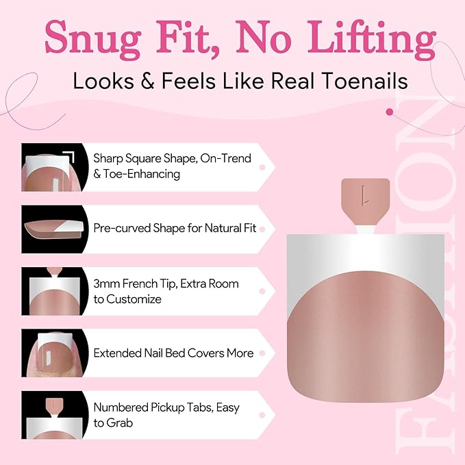Toe Nails Press On French Tips for Women, 15 Sizes 150 Pcs Sharp Square Pre-applied Primer & Base Coat Toenail Press Ons Baby Pink Full Cover Fake Tips Extension, Builder Nail Gel & Top Coat Required