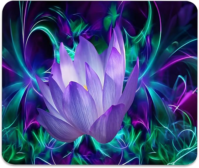 Abstract Neon Lotus Painting Mouse Pad, Glowing Flowers Blossom Desk Mat | Modern Floral Purple Design Art, Cute Mousepad Stitched, Anti-Slip Base Smooth Surface, 9.5 x 7.9 Inches