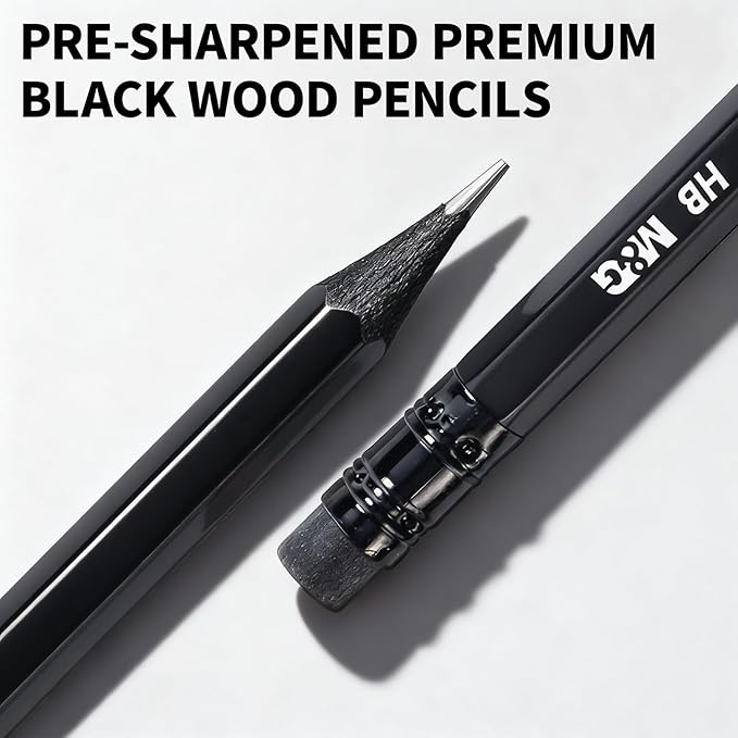 M&G BLACKOO Series HB Wood-Cased Pencils, 24-Pack Pre-Sharpened with Top Erasers, Bulk Black Pencils for School, Teachers, Writing, Drawing and Sketching (Black)