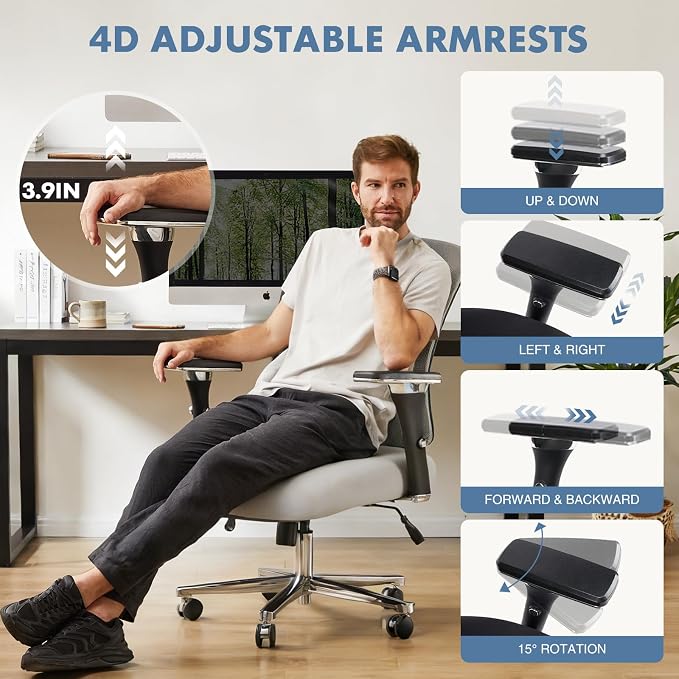 DUMOS Big and Tall Office Desk Chair, 500lbs Heavy Duty Mesh Chair | Ergonomic 4D Armrest, Comfortable Lumbar Support, Wide Seat, 360° Swivel Rolling Wheels, Adult, Grey