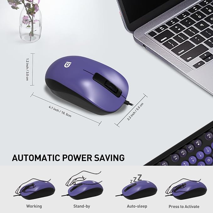 FOPETT 8870P Wired Keyboard and Mouse Combo - Full-Sized Computer Keyboards with 104 Round Keys Retro Typewriter Mouse and Keyboard for PC Windows Desktop Laptop - Purple Colorful
