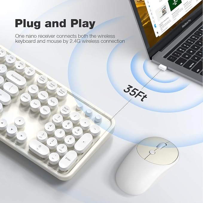 MOFII Wireless Keyboard and Mouse Combo, Milk White 2.4G Full Size Keyboard, Round Key Typewriter Keyboards and Cute Mice with 2-in-1 USB Dongle, for PC Laptop Chromebook Smart TV