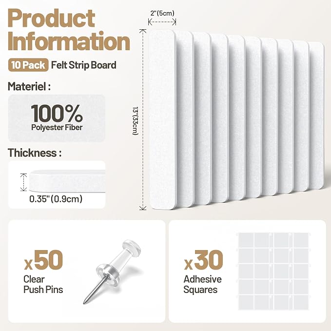 10 Pack 13"x2" Cork Board Strip with Removable Adhesive Squares & Push Pins | Pin Board Alternative Felt Strip Bulletin Board, Felt Board for Photo & Note Display, Home Office Decor - White