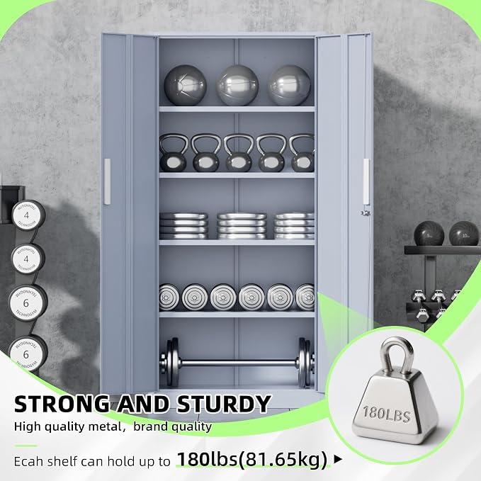 Metal Storage Cabinet, 72" Locking Steel Cabinets with 2 Door and 4 Adjustable Shelves, Tall Metal Cabinet for Home Office, Garage, Warehouse,(Cement)